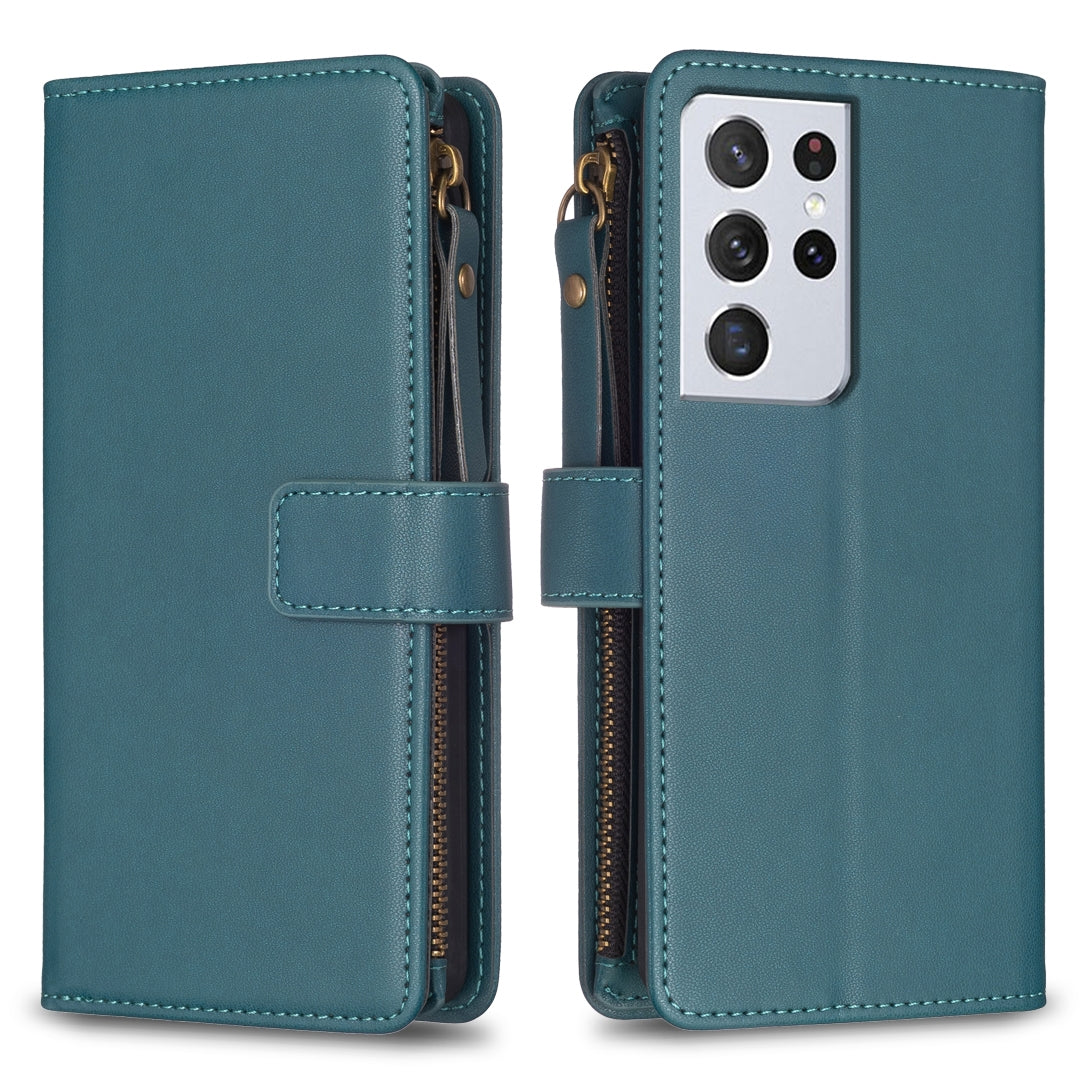 Samsung Galaxy S21 Ultra 5G Leather Flip Phone Case with Zipper Wallet and 9 Card Slots, Durable PU + TPU Material