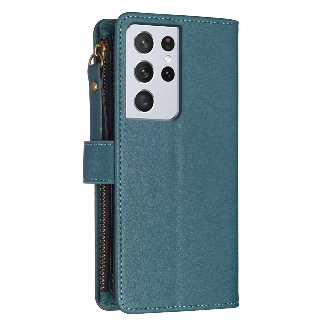 Samsung Galaxy S21 Ultra 5G Leather Flip Phone Case with Zipper Wallet and 9 Card Slots, Durable PU + TPU Material