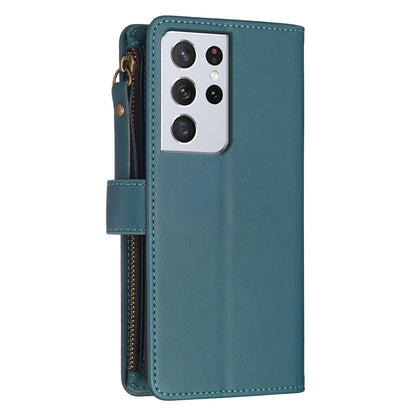 Samsung Galaxy S21 Ultra 5G Leather Flip Phone Case with Zipper Wallet and 9 Card Slots, Durable PU + TPU Material