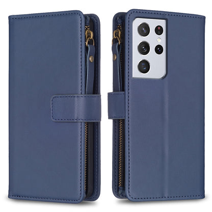 Samsung Galaxy S21 Ultra 5G Leather Flip Phone Case with Zipper Wallet and 9 Card Slots, Durable PU + TPU Material