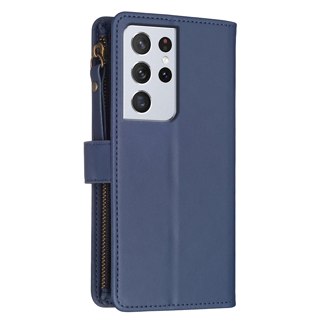 Samsung Galaxy S21 Ultra 5G Leather Flip Phone Case with Zipper Wallet and 9 Card Slots, Durable PU + TPU Material