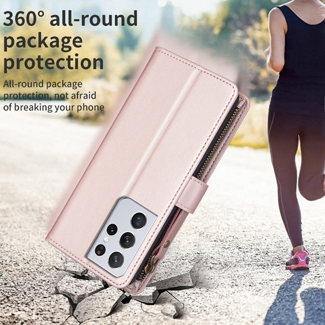 Samsung Galaxy S21 Ultra 5G Leather Flip Phone Case with Zipper Wallet and 9 Card Slots, Durable PU + TPU Material
