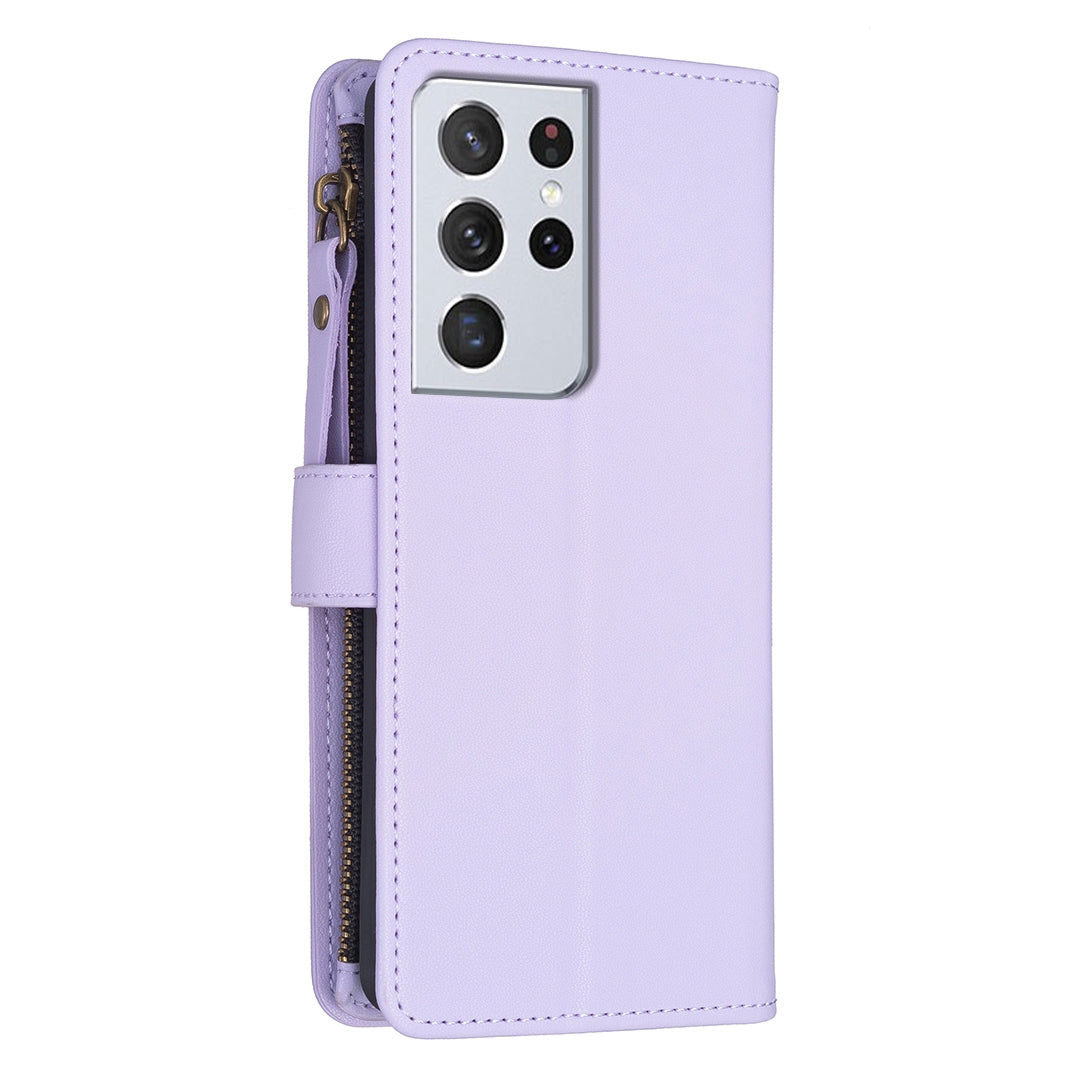 Samsung Galaxy S21 Ultra 5G Leather Flip Phone Case with Zipper Wallet and 9 Card Slots, Durable PU + TPU Material