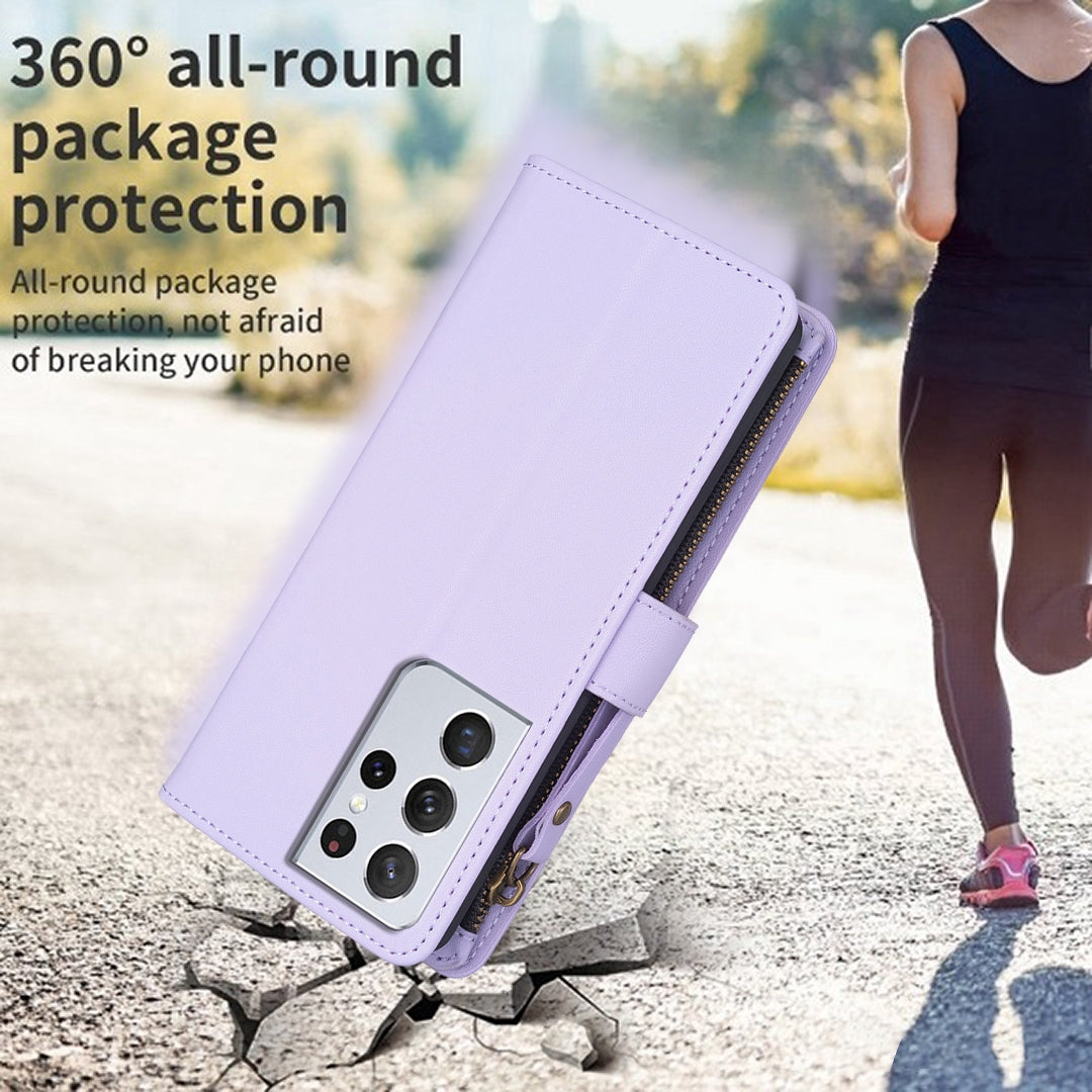 Samsung Galaxy S21 Ultra 5G Leather Flip Phone Case with Zipper Wallet and 9 Card Slots, Durable PU + TPU Material