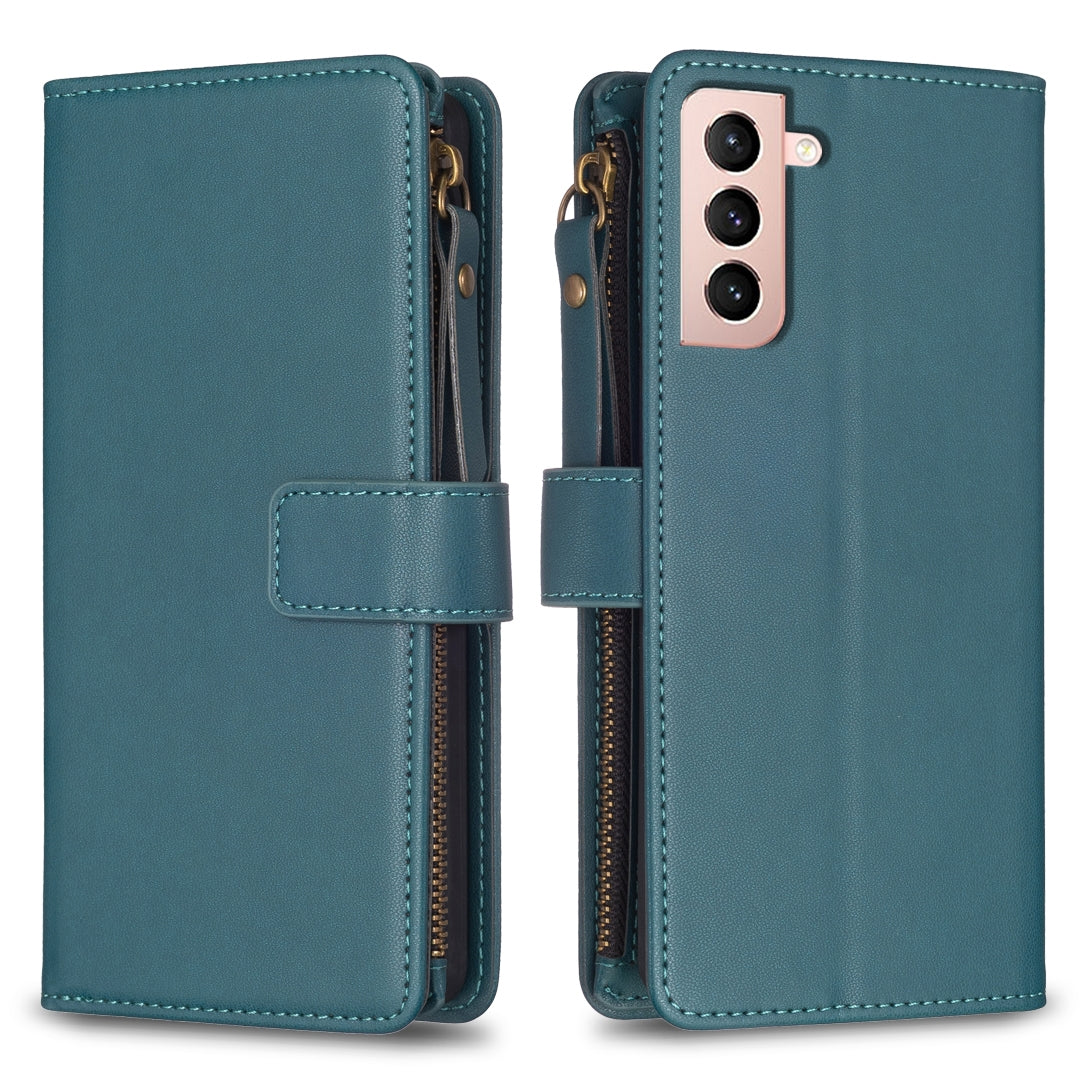 Samsung Galaxy S21 5G Leather Flip Phone Case with Zipper Wallet and 9 Card Slots, Durable PU + TPU Material