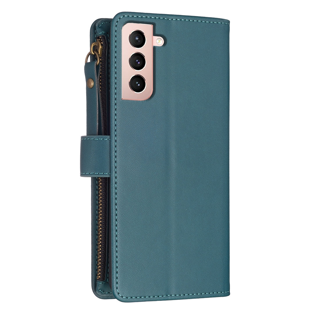 Samsung Galaxy S21 5G Leather Flip Phone Case with Zipper Wallet and 9 Card Slots, Durable PU + TPU Material