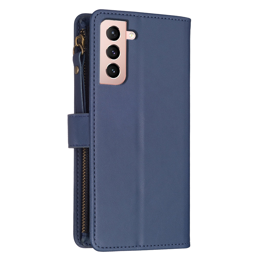 Samsung Galaxy S21 5G Leather Flip Phone Case with Zipper Wallet and 9 Card Slots, Durable PU + TPU Material