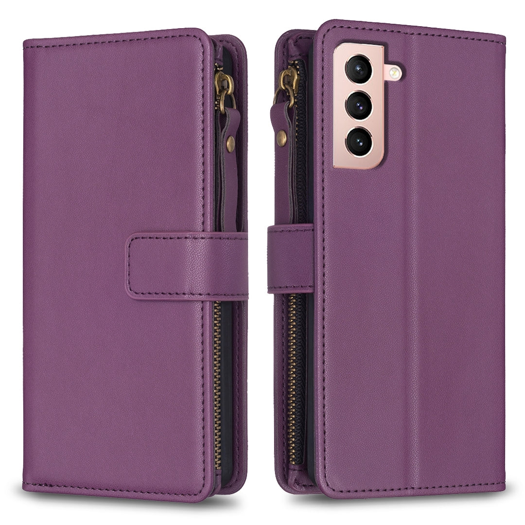 Samsung Galaxy S21 5G Leather Flip Phone Case with Zipper Wallet and 9 Card Slots, Durable PU + TPU Material