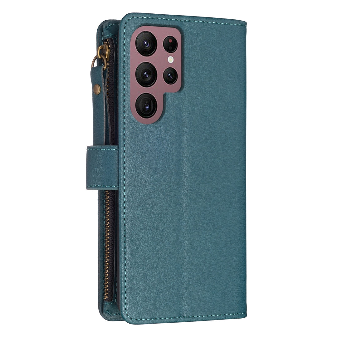 Samsung Galaxy S22 Ultra 5G Leather Flip Phone Case with Zipper Wallet and 9 Card Slots, Durable PU + TPU Material