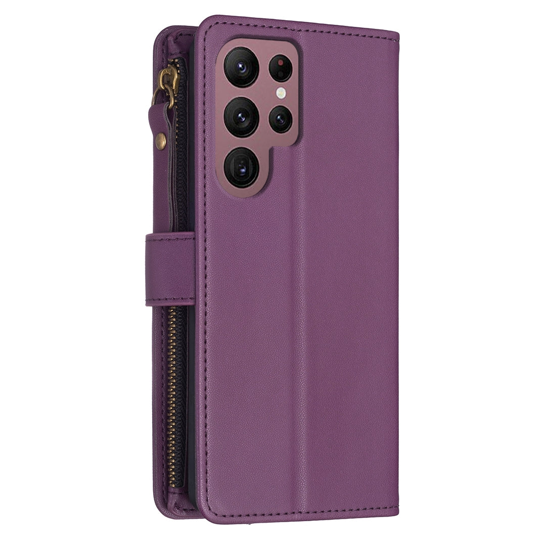 Samsung Galaxy S22 Ultra 5G Leather Flip Phone Case with Zipper Wallet and 9 Card Slots, Durable PU + TPU Material