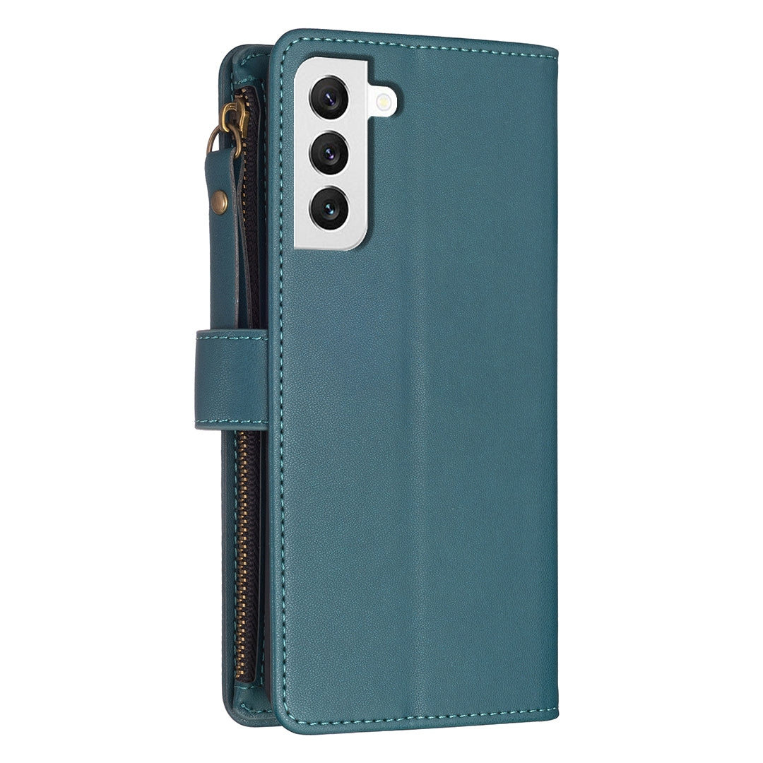 Samsung Galaxy S22 5G Leather Flip Phone Case with Zipper Wallet and 9 Card Slots, Durable PU + TPU Material