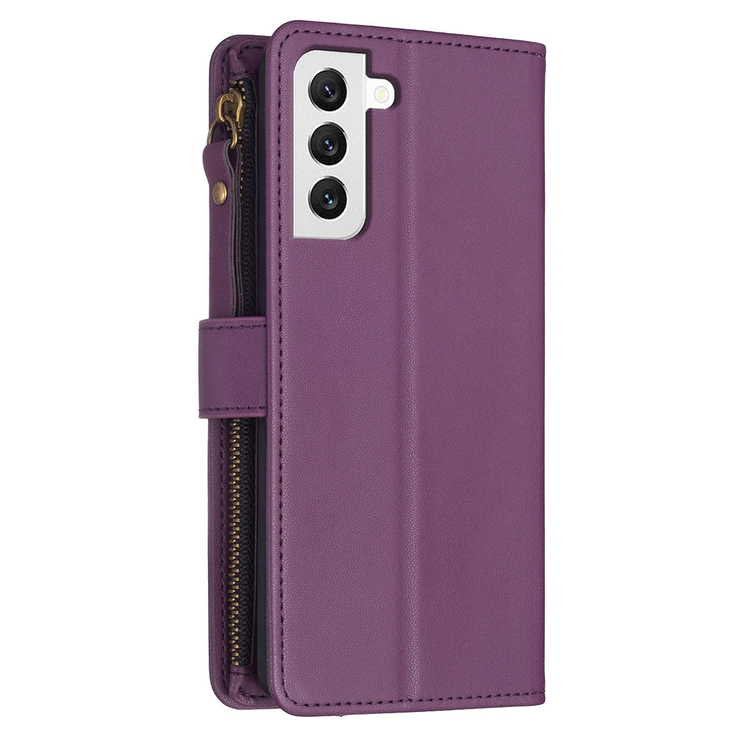 Samsung Galaxy S22 5G Leather Flip Phone Case with Zipper Wallet and 9 Card Slots, Durable PU + TPU Material