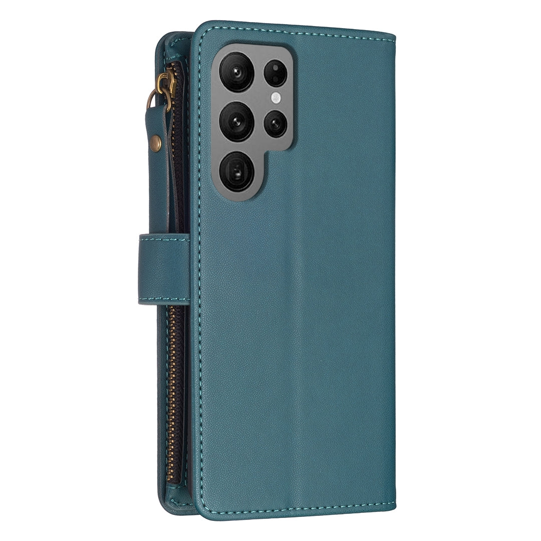 Samsung Galaxy S23 Ultra 5G Leather Flip Phone Case with Zipper Wallet and 9 Card Slots, Durable PU + TPU Material