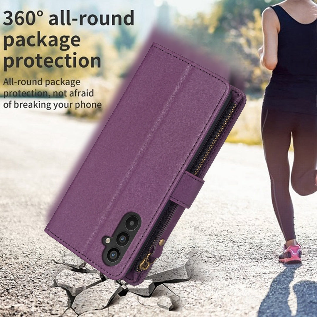 Samsung Galaxy A25 5G Leather Flip Phone Case with Zipper Wallet and 9 Card Slots, Durable PU + TPU Material