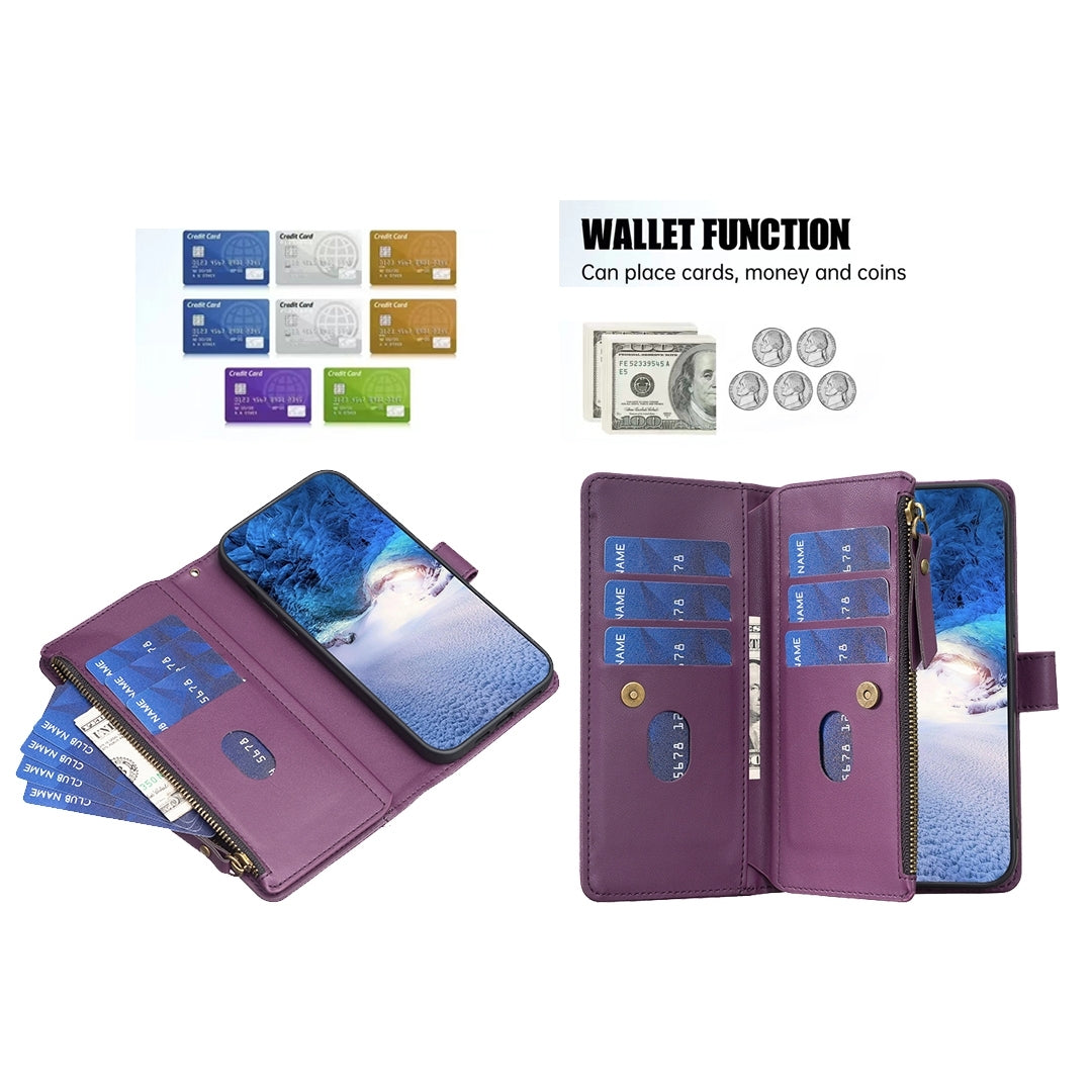 Samsung Galaxy A15 Leather Flip Phone Case with Zipper Wallet and 9 Card Slots, Durable PU + TPU Material