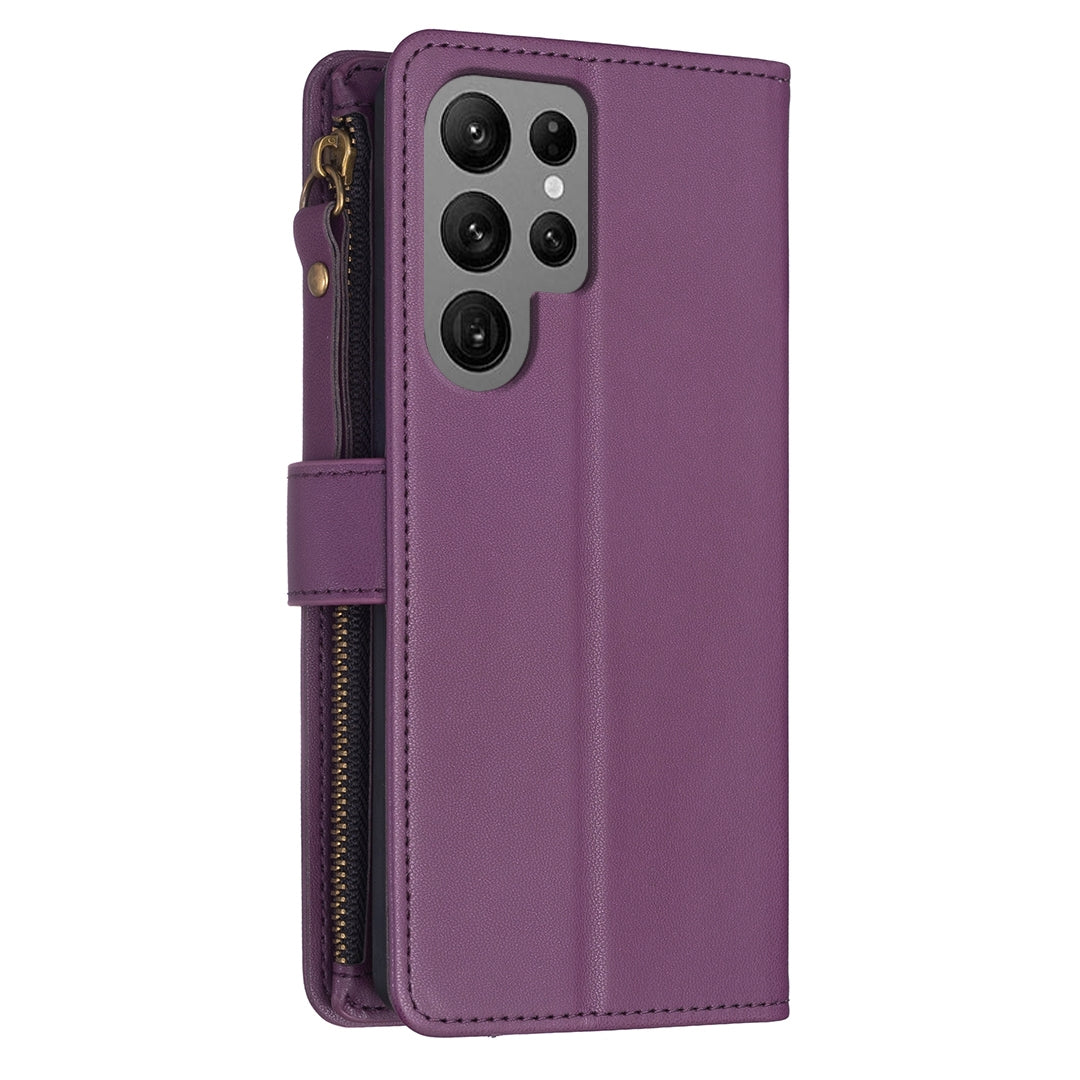 Samsung Galaxy S24 Ultra 5G Leather Flip Phone Case with Zipper Wallet and 9 Card Slots, Durable PU + TPU Material