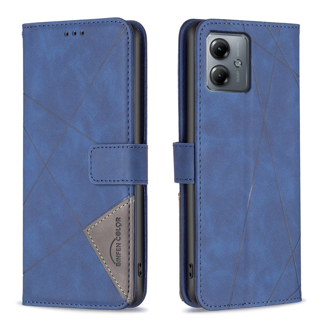 Motorola Moto G14 4G Rhombus Texture Leather Phone Case with Magnetic Buckle and Card Holder