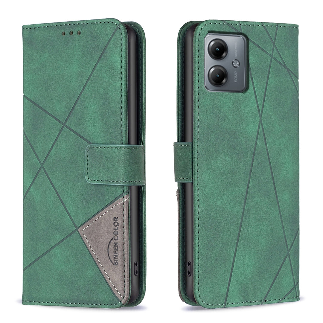 Motorola Moto G14 4G Rhombus Texture Leather Phone Case with Magnetic Buckle and Card Holder
