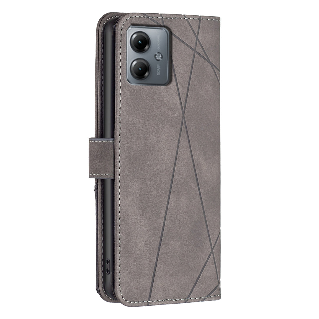 Motorola Moto G14 4G Rhombus Texture Leather Phone Case with Magnetic Buckle and Card Holder