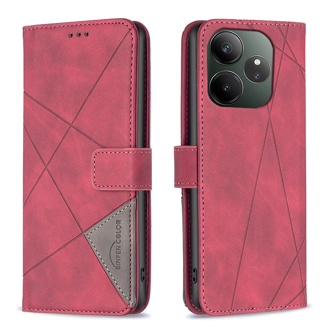 Realme GT 6 Rhombus Texture Leather Phone Case with Magnetic Buckle and Card Holder