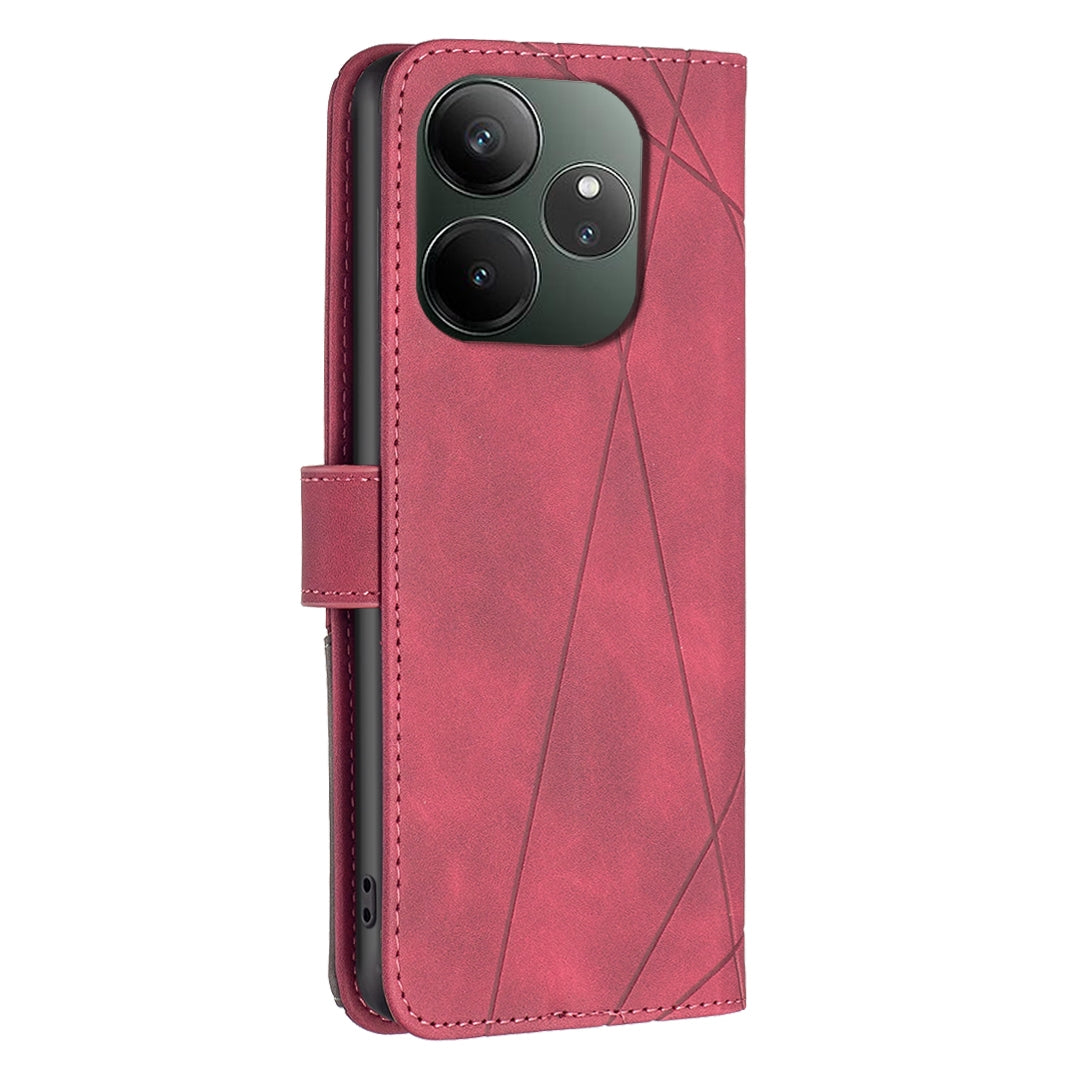 Realme GT 6 Rhombus Texture Leather Phone Case with Magnetic Buckle and Card Holder
