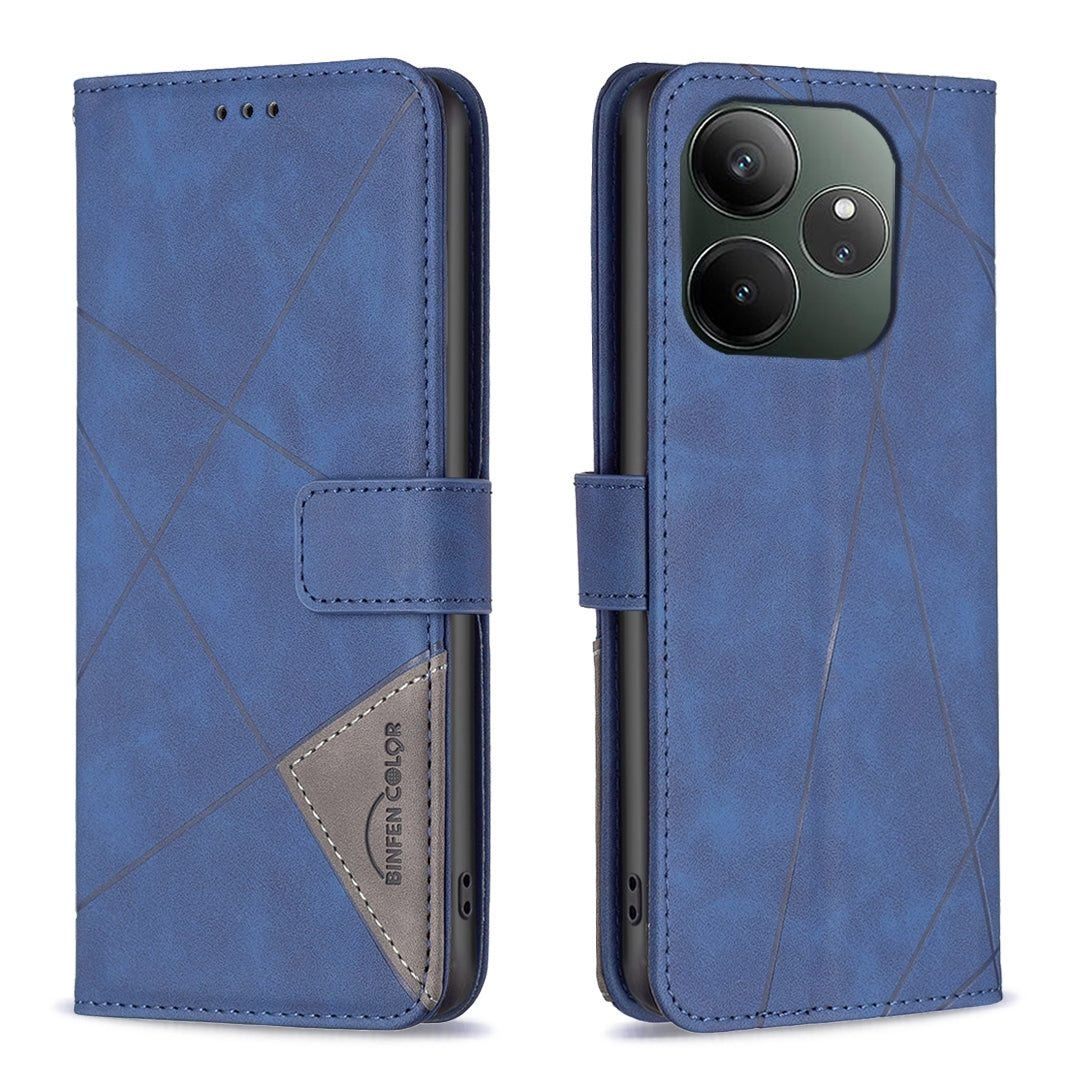 Realme GT 6 Rhombus Texture Leather Phone Case with Magnetic Buckle and Card Holder