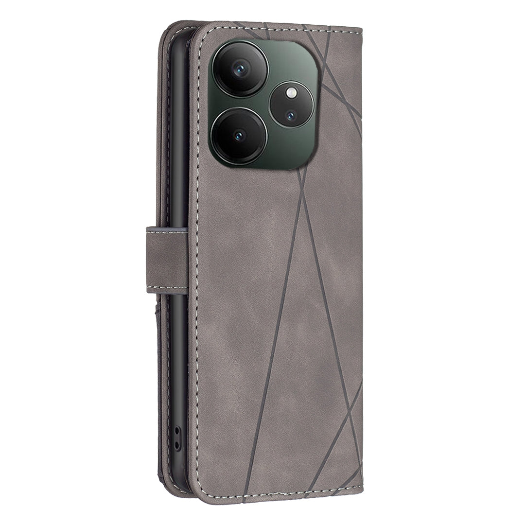 Realme GT 6 Rhombus Texture Leather Phone Case with Magnetic Buckle and Card Holder
