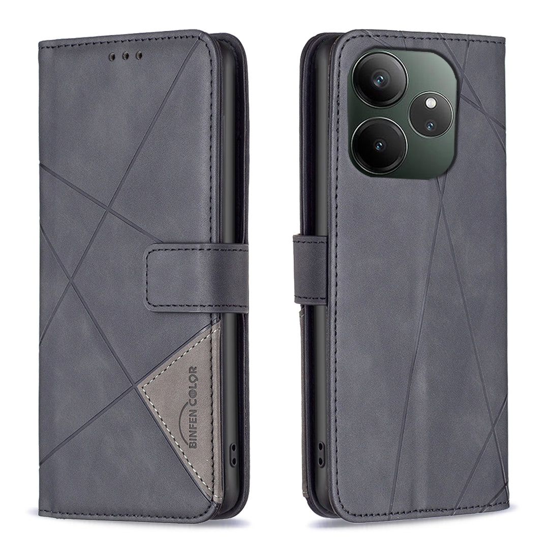 Realme GT 6 Rhombus Texture Leather Phone Case with Magnetic Buckle and Card Holder