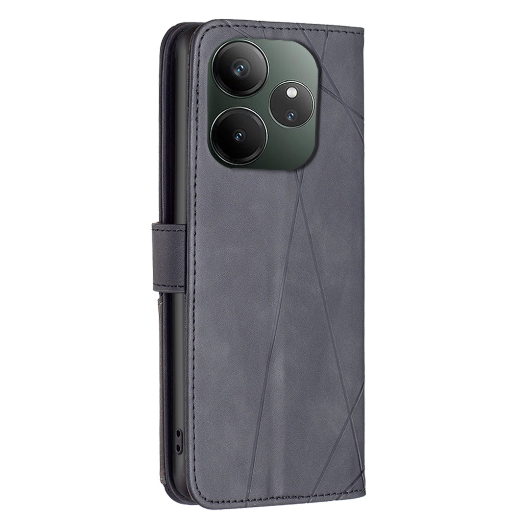 Realme GT 6 Rhombus Texture Leather Phone Case with Magnetic Buckle and Card Holder