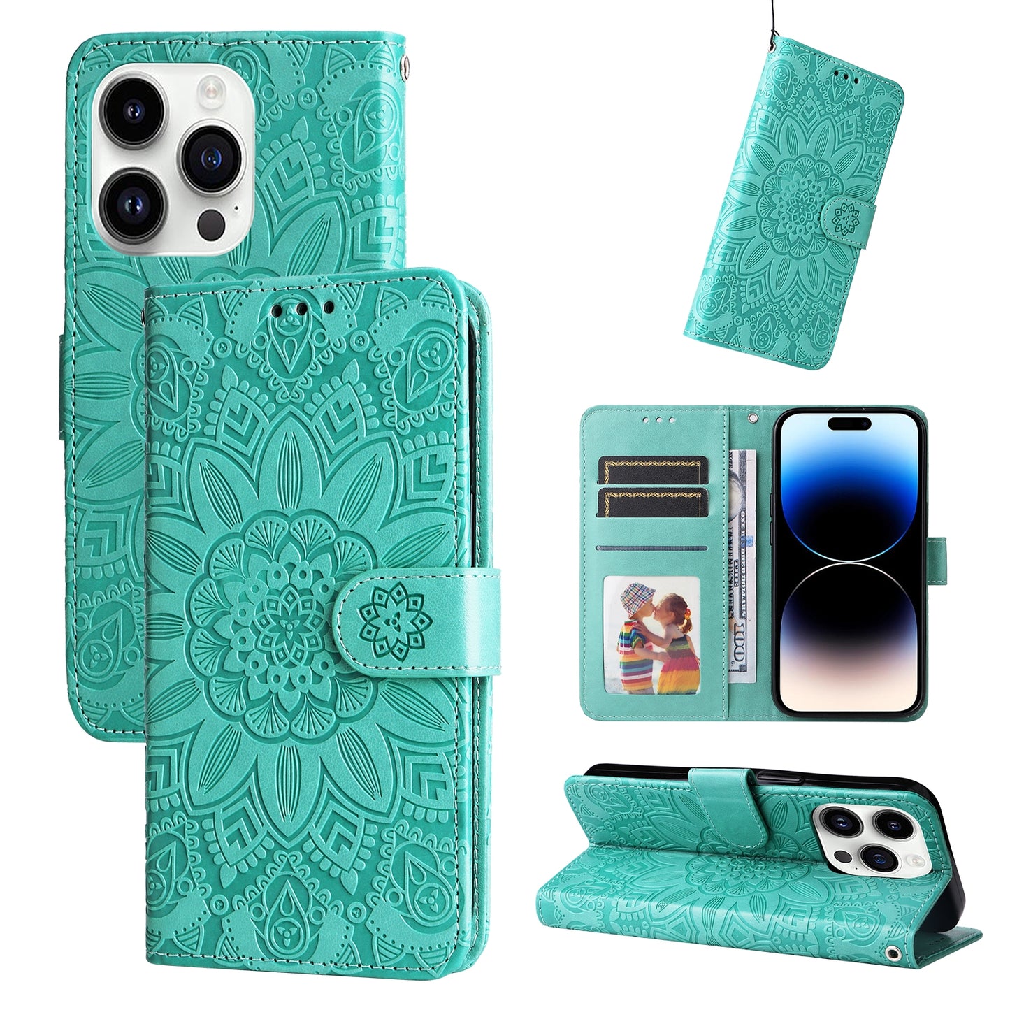 iPhone 15 Pro Max Sunflower Embossed Leather Wallet Phone Case with Kickstand and Card Holder