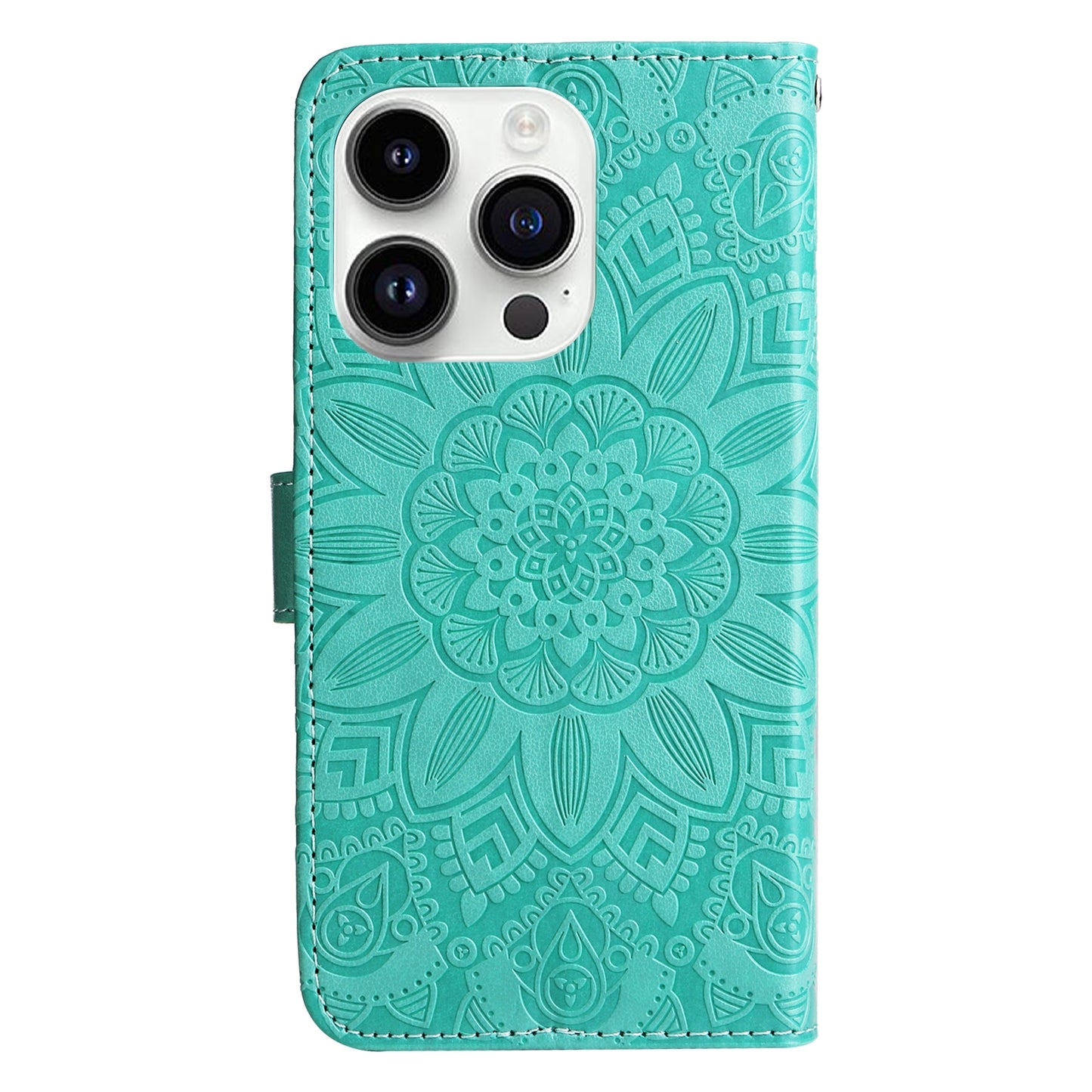 iPhone 15 Pro Max Sunflower Embossed Leather Wallet Phone Case with Kickstand and Card Holder