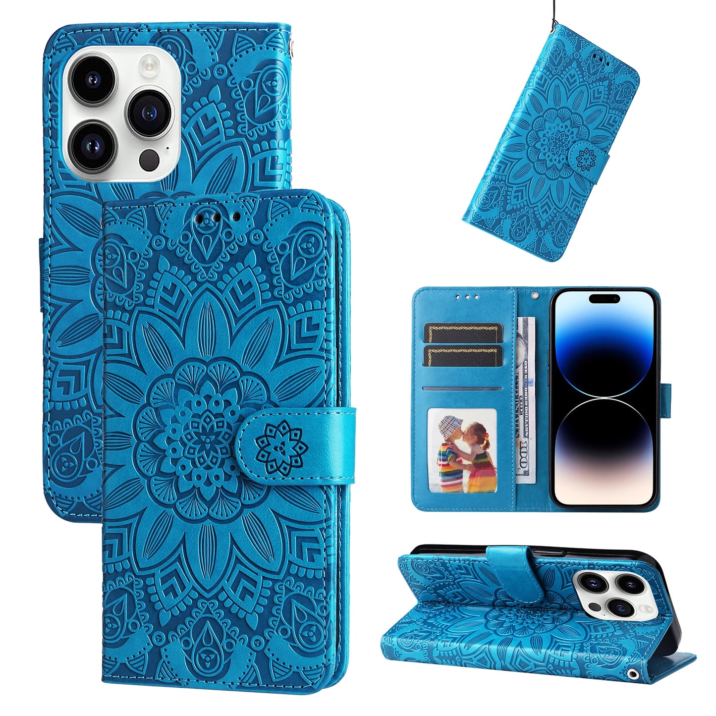 iPhone 15 Pro Max Sunflower Embossed Leather Wallet Phone Case with Kickstand and Card Holder