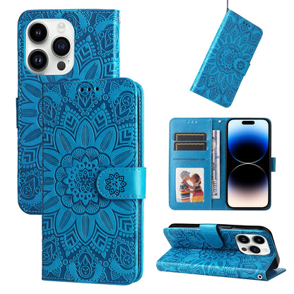 iPhone 15 Pro Max Sunflower Embossed Leather Wallet Phone Case with Kickstand and Card Holder