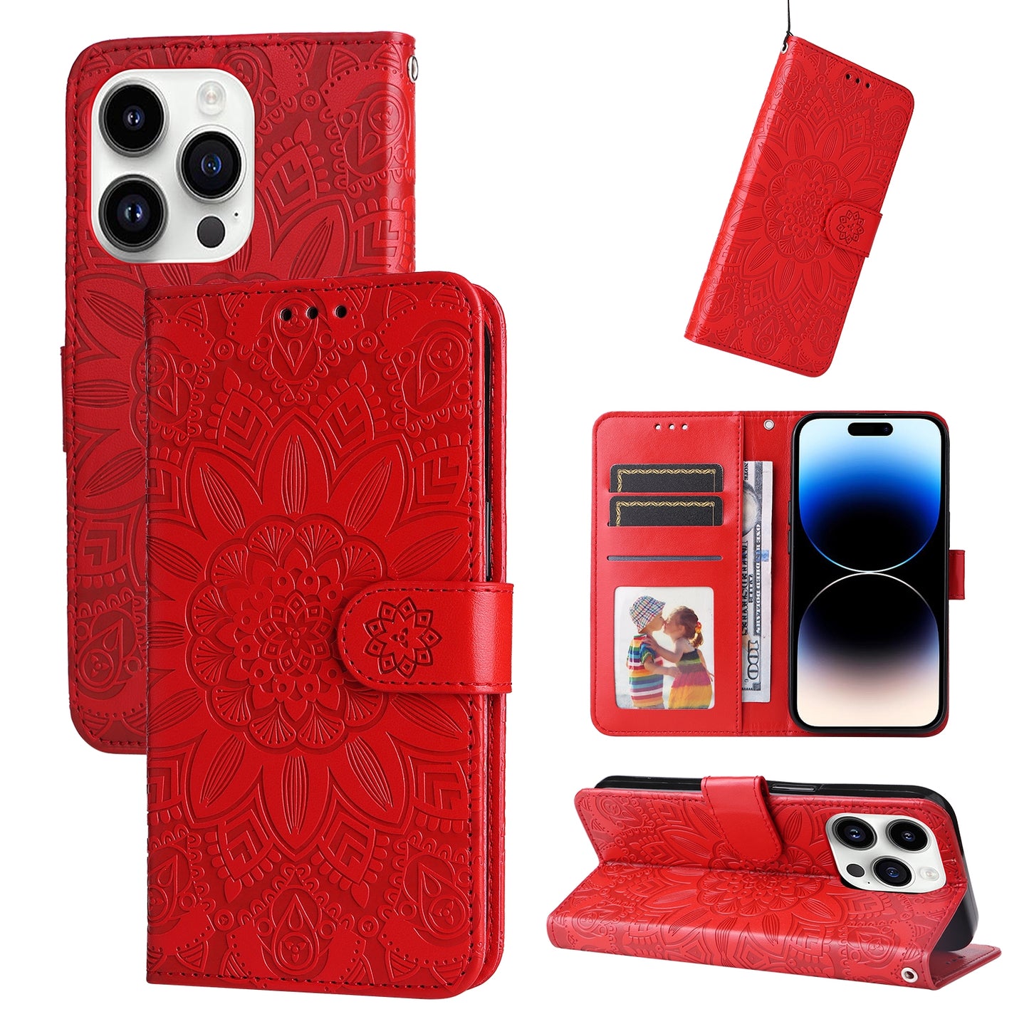 iPhone 15 Pro Max Sunflower Embossed Leather Wallet Phone Case with Kickstand and Card Holder