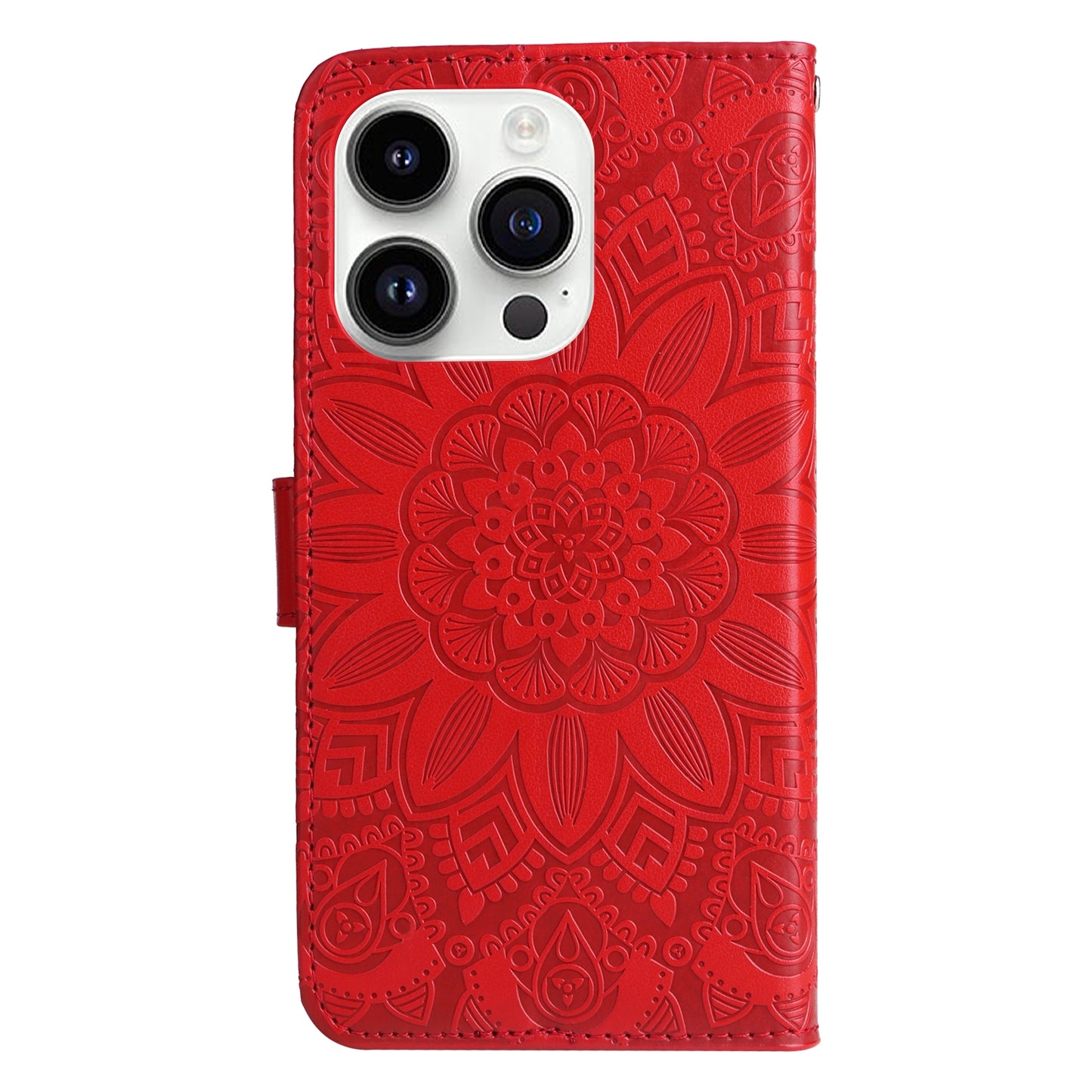 iPhone 15 Pro Max Sunflower Embossed Leather Wallet Phone Case with Kickstand and Card Holder