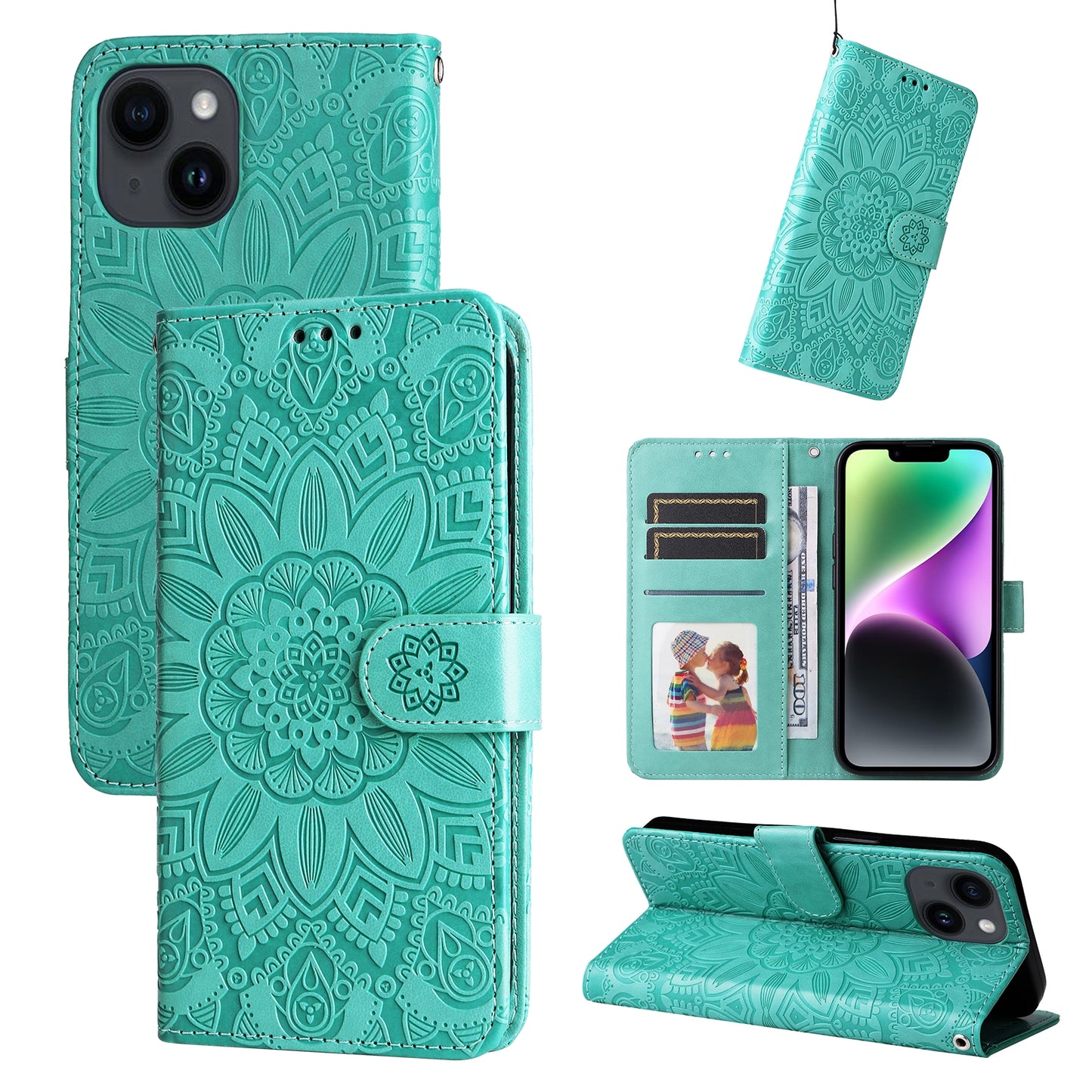 iPhone 15 Plus Sunflower Embossed Leather Wallet Phone Case with Kickstand and Card Holder