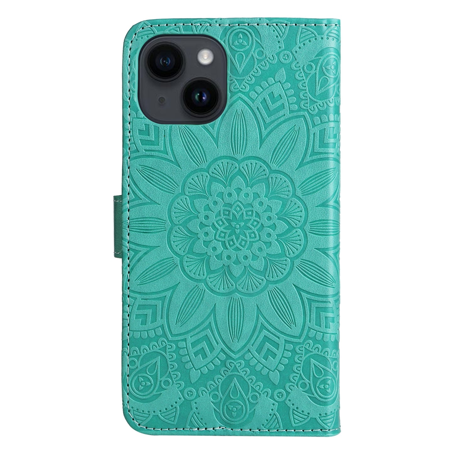 iPhone 15 Plus Sunflower Embossed Leather Wallet Phone Case with Kickstand and Card Holder