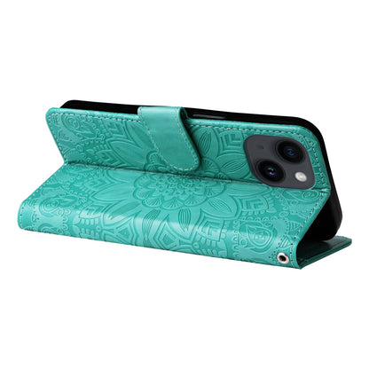 iPhone 15 Plus Sunflower Embossed Leather Wallet Phone Case with Kickstand and Card Holder