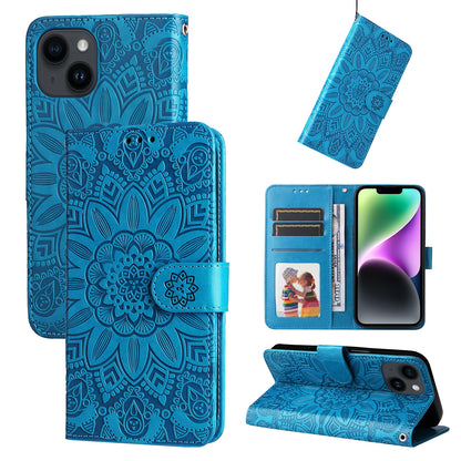 iPhone 15 Plus Sunflower Embossed Leather Wallet Phone Case with Kickstand and Card Holder