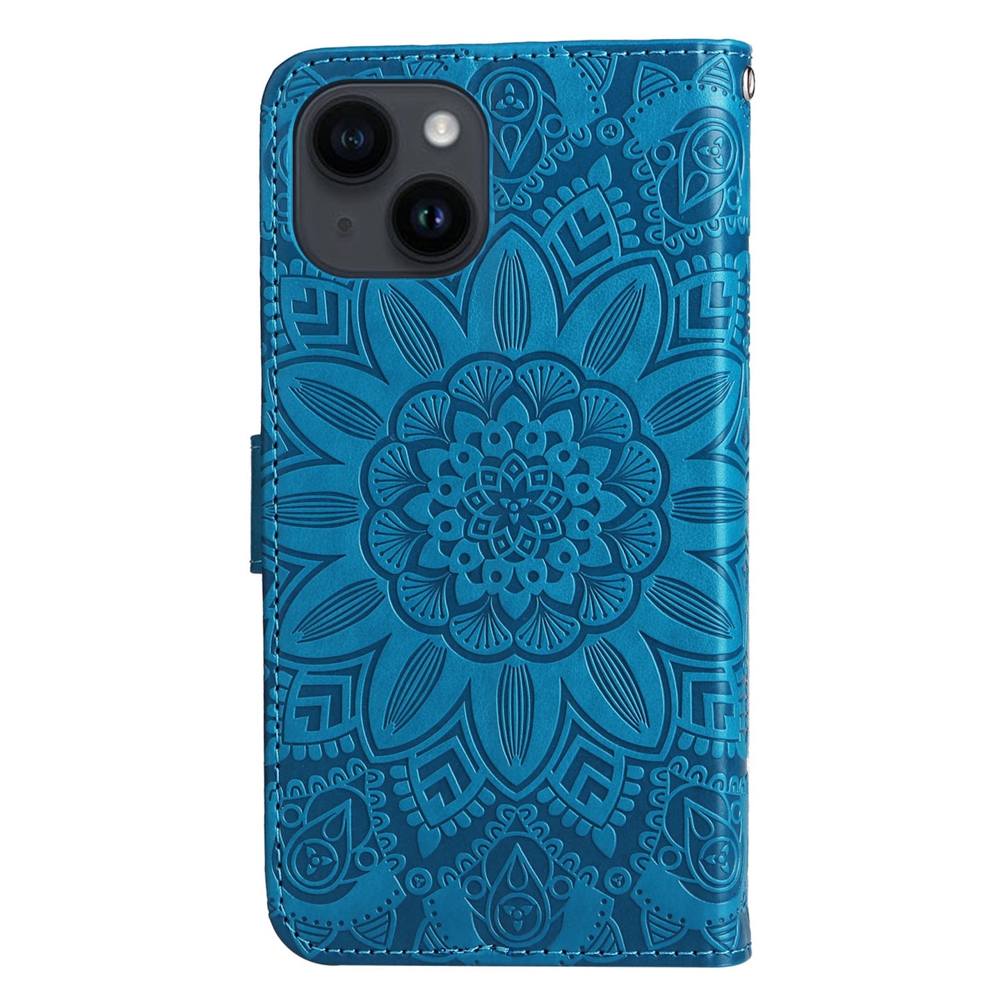 iPhone 15 Plus Sunflower Embossed Leather Wallet Phone Case with Kickstand and Card Holder