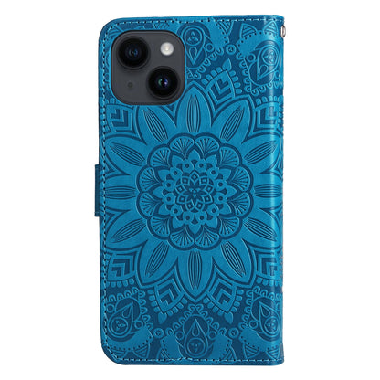 iPhone 15 Plus Sunflower Embossed Leather Wallet Phone Case with Kickstand and Card Holder