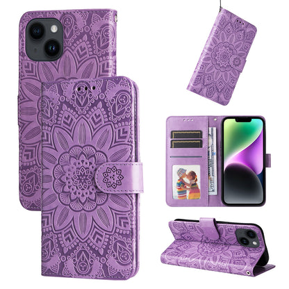 iPhone 15 Plus Sunflower Embossed Leather Wallet Phone Case with Kickstand and Card Holder