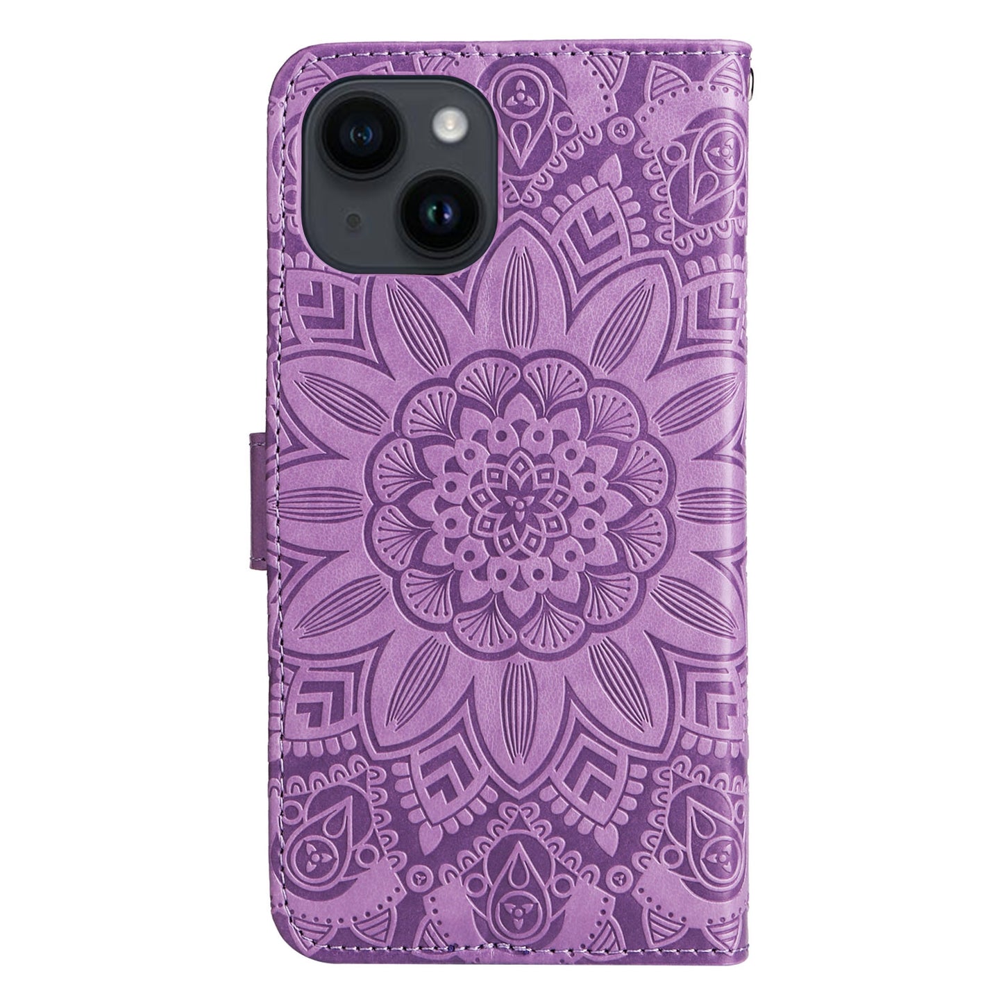 iPhone 15 Plus Sunflower Embossed Leather Wallet Phone Case with Kickstand and Card Holder