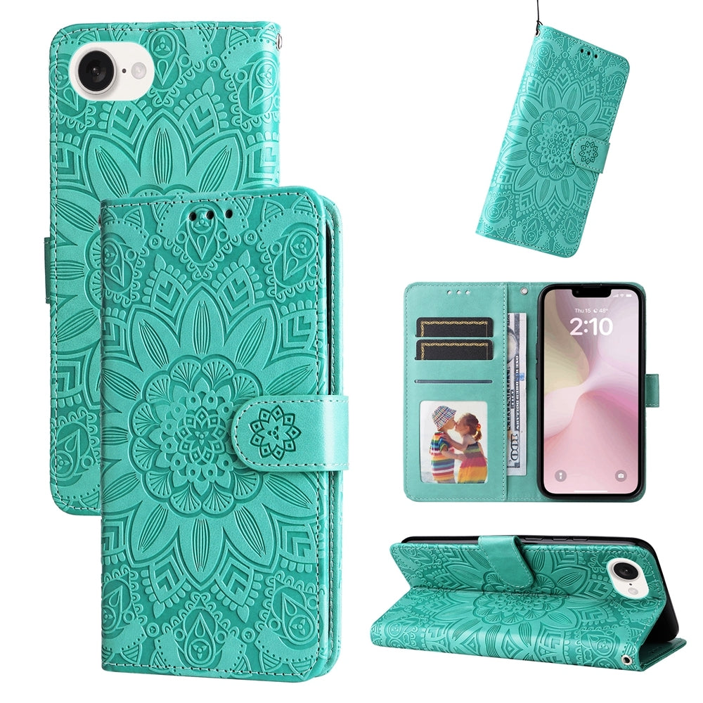 iPhone SE 20224 Sunflower Embossed Leather Wallet Phone Case with Kickstand and Card Holder