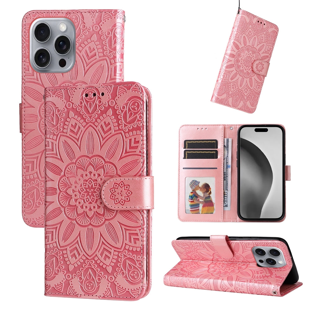 iPhone 16 Pro Max Sunflower Embossed Leather Wallet Phone Case with Kickstand and Card Holder