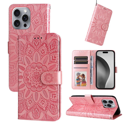 iPhone 16 Pro Max Sunflower Embossed Leather Wallet Phone Case with Kickstand and Card Holder