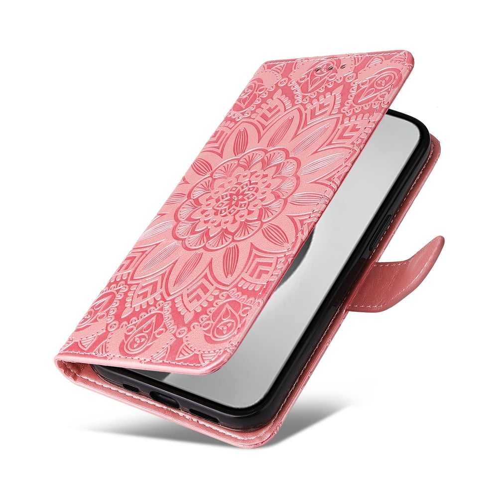 iPhone 16 Pro Max Sunflower Embossed Leather Wallet Phone Case with Kickstand and Card Holder