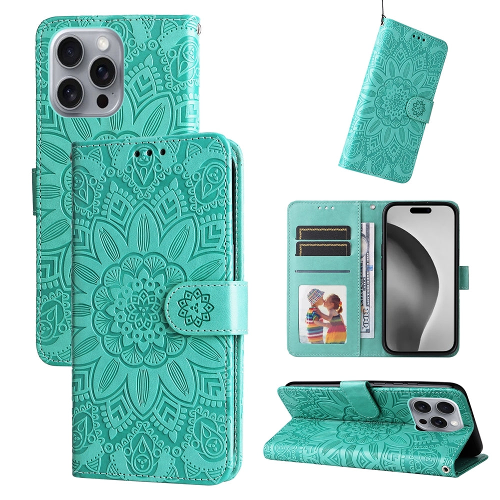 iPhone 16 Pro Max Sunflower Embossed Leather Wallet Phone Case with Kickstand and Card Holder