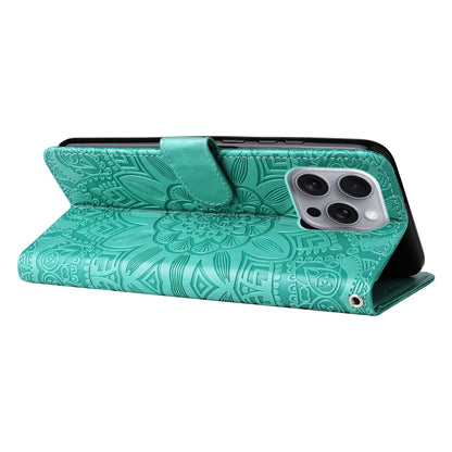 iPhone 16 Pro Max Sunflower Embossed Leather Wallet Phone Case with Kickstand and Card Holder
