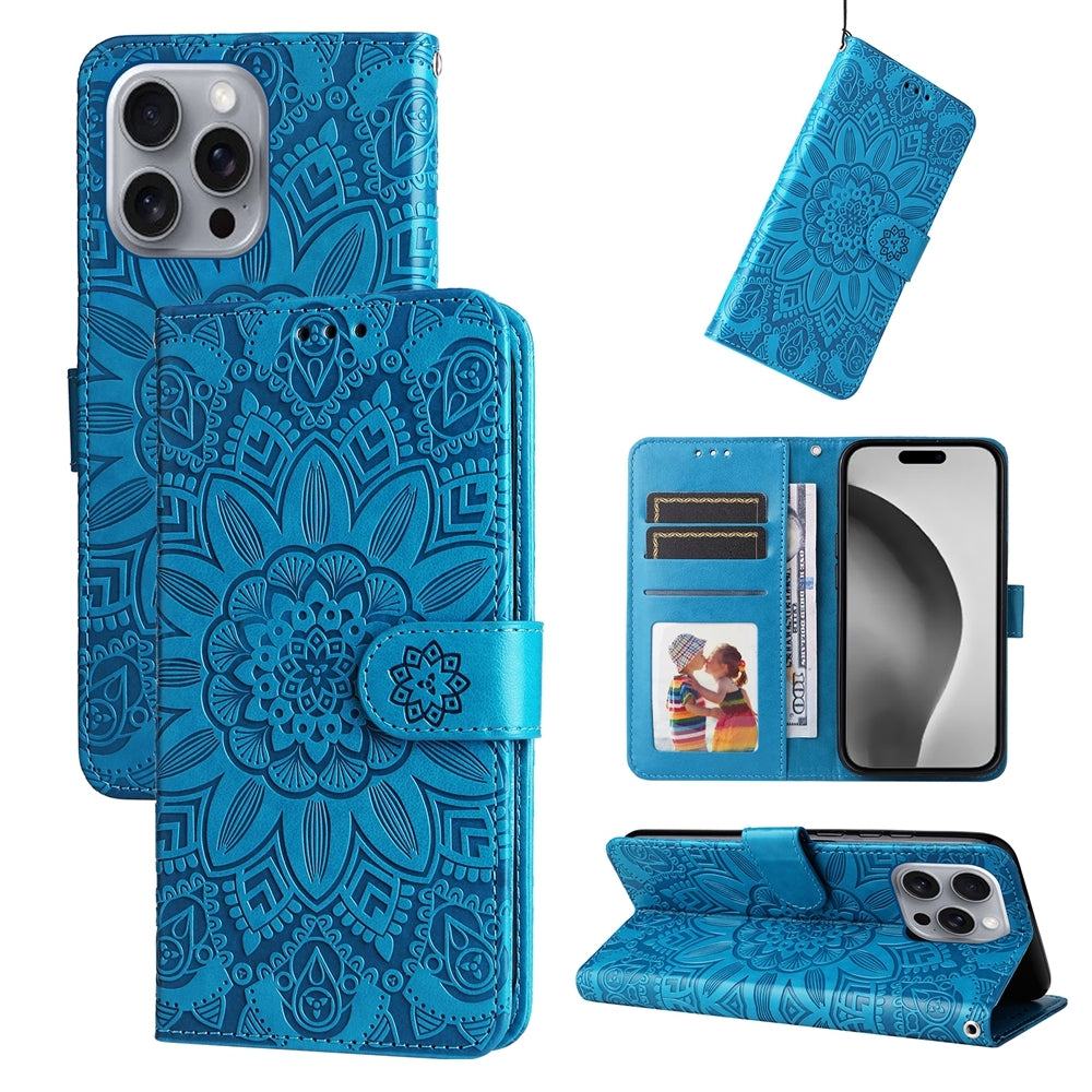 iPhone 16 Pro Max Sunflower Embossed Leather Wallet Phone Case with Kickstand and Card Holder